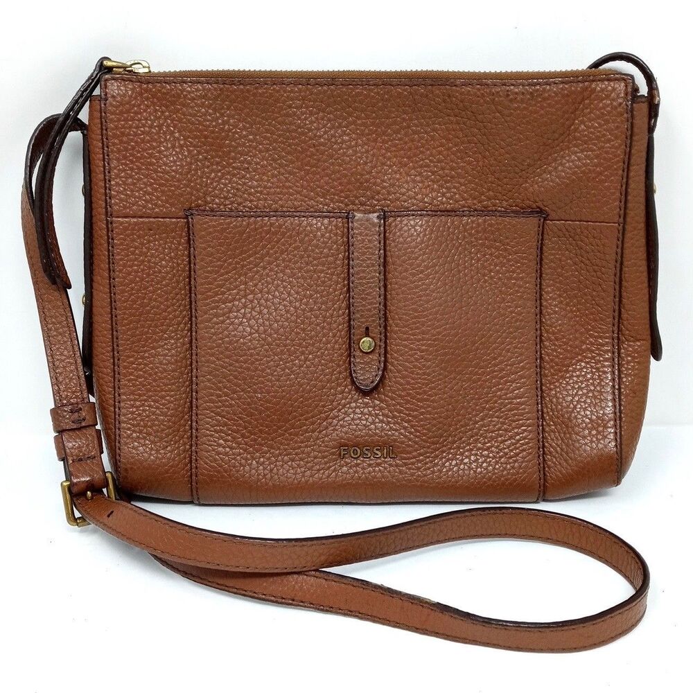 Fossil Pebbled Leather Crossbody Bag Purse Adjustable Strap Zip Closure - Picture 1 of 11